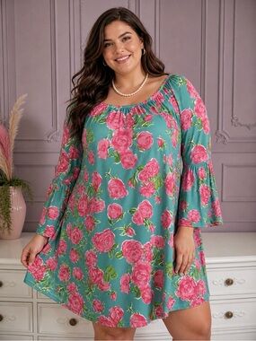 Simply Southern Teal Pink Roses  Light Flowy Airy Dress Scalloped Bell Sleeves